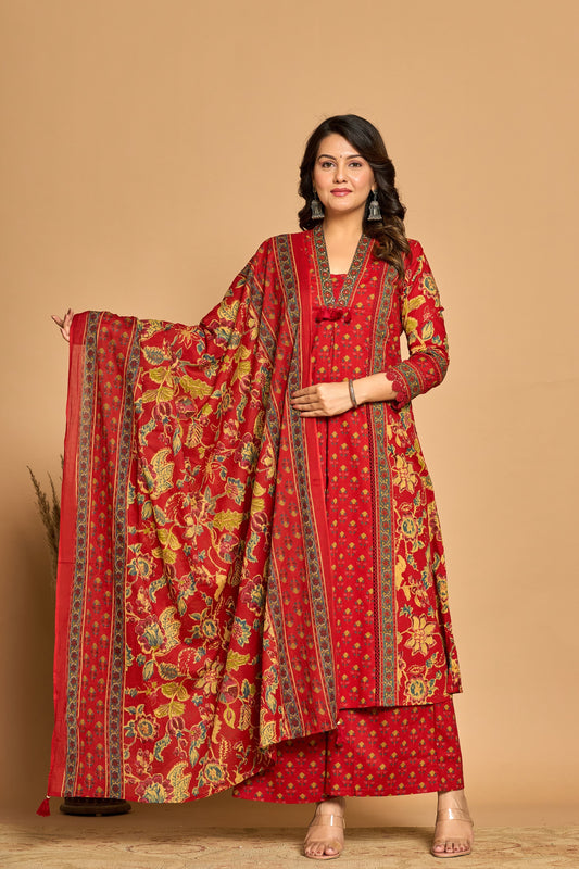 Red Cotton Flared Kurta with Palazzo Pants