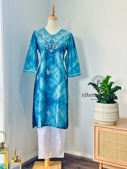 Chikankari Kurta In Tie-Dye Silk Cotton -Teal/Blue