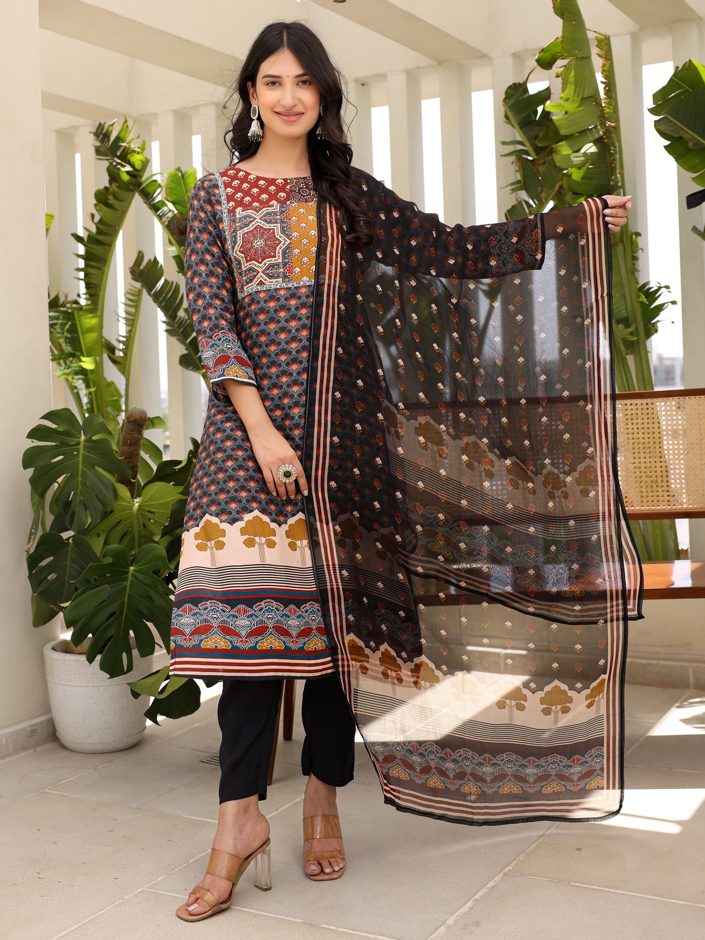 Navy Blue Printed Silk Salwar Set with Zardosi , U-Neck, and Three-Quarter Sleeves