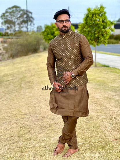 Raw Silk Mens Long Kurta with Embroidery Jacket