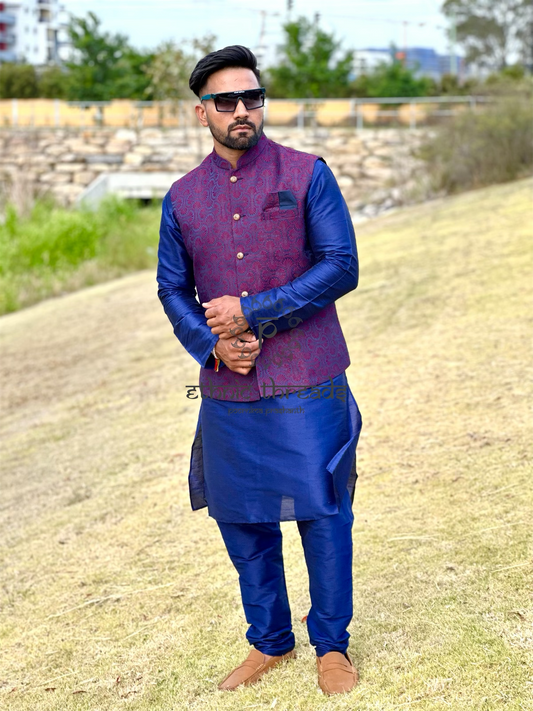 Raw Silk Mens Long Kurta with Jacquard Jacket