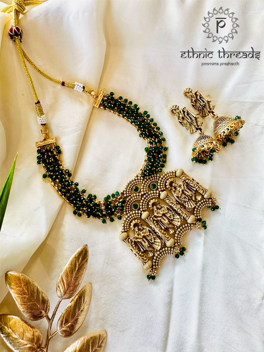 Radha & Krishna Antique Temple Necklace set - Emerald Green