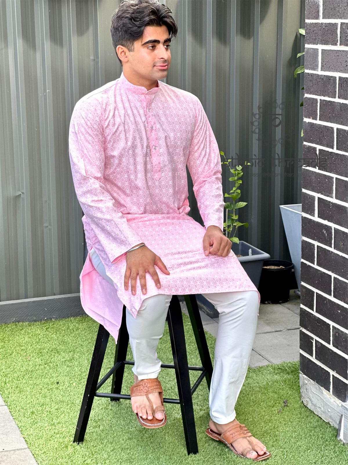 Printed Cotton Mens Long Kurta- Blush Pink