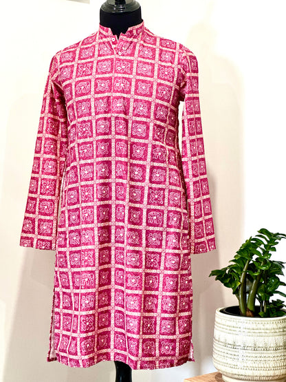 Printed Cotton Mens Long Kurta- Magenta