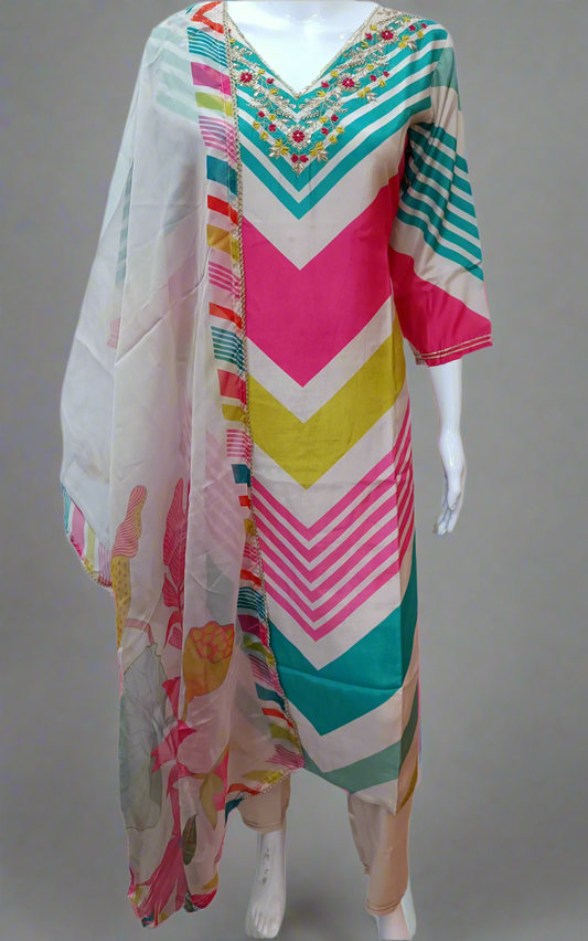 Multi Strips  Printed Silk Salwar Set with Zardosi , and Three-Quarter Sleeves