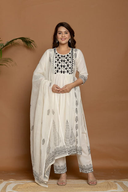 White & Black Handblock Cotton Anarkali Set