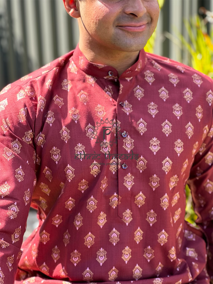 Printed Cotton Mens Long Kurta- Maroon