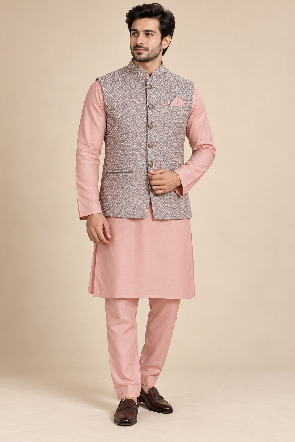 Pink Kurta with Patterned Jacket Set
