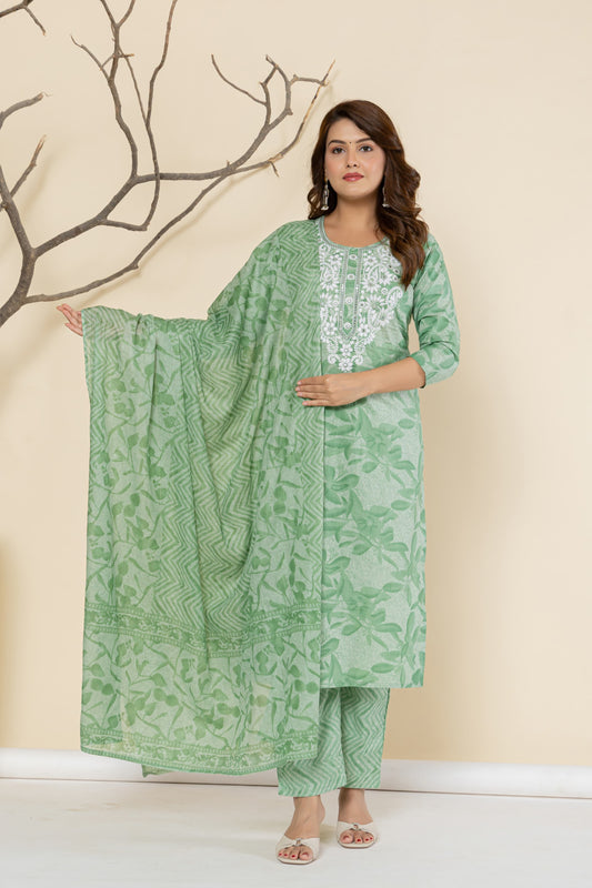 Sage Green Cotton Printed Suit Set