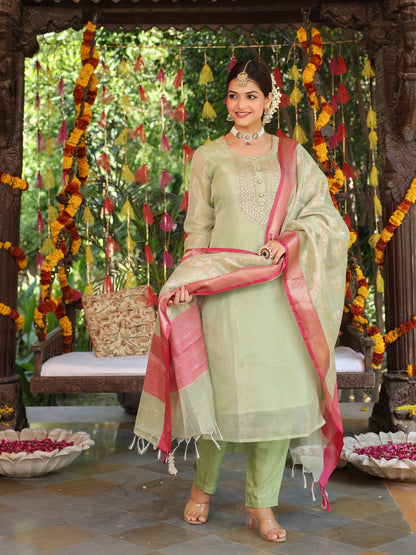 Pastel Green Tissue Silk Salwar Set with Zardosi , and Three-Quarter Sleeves