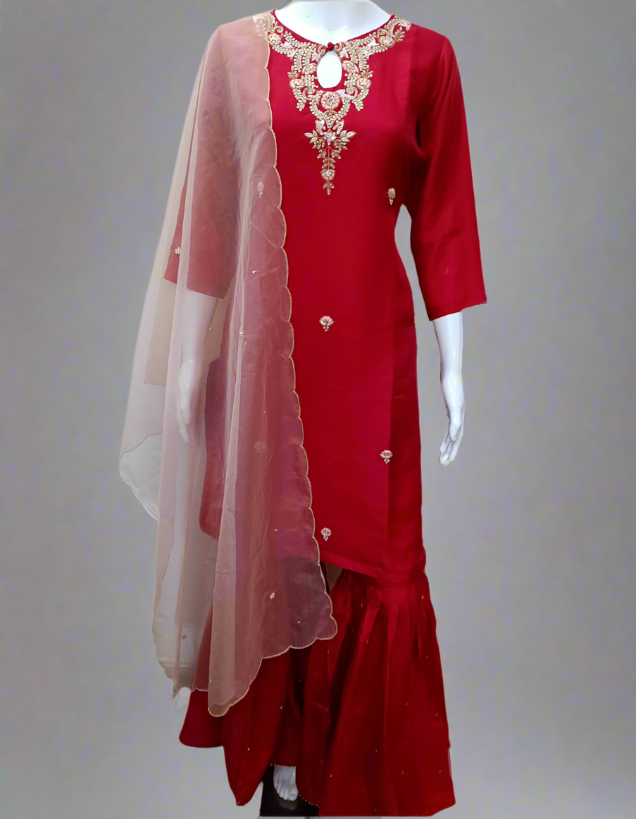 Red Gharara Set with Zardosi with Three-Quarter Sleeves