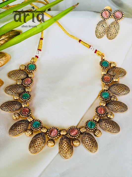 Antique Matt Gold Necklace Set with Precious Stones- Pink & Mint Stones