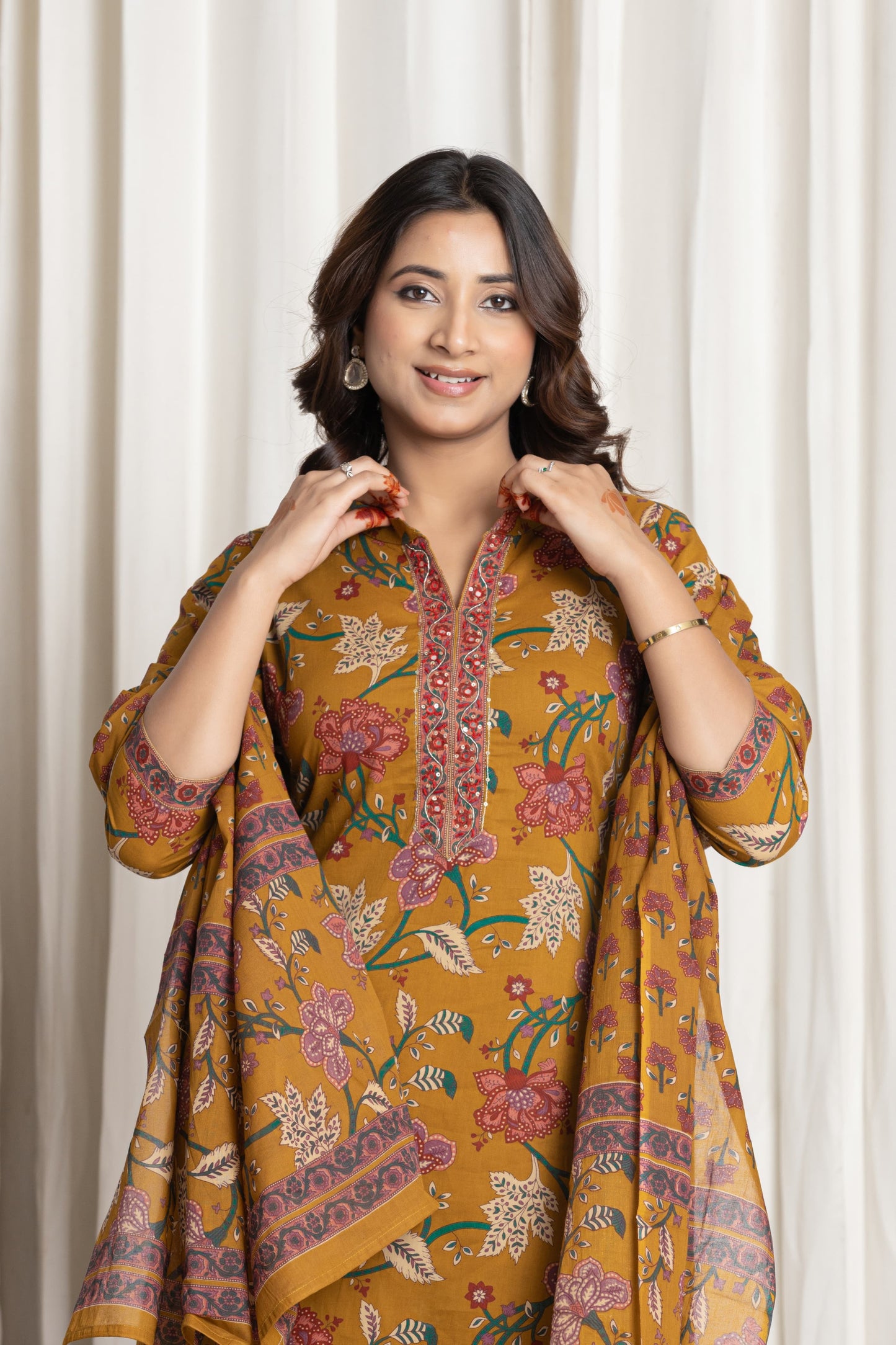 Mustard Floral Block Printed Salwar Set