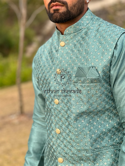 Raw Silk Mens Long Kurta with Embroidery Jacket