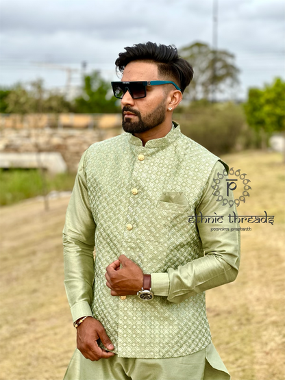 Raw Silk Mens Long Kurta with Embroidery Jacket