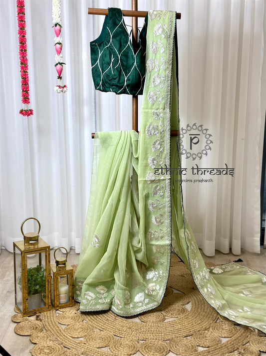 Pastel Green  Embroidered Saree And Blouse