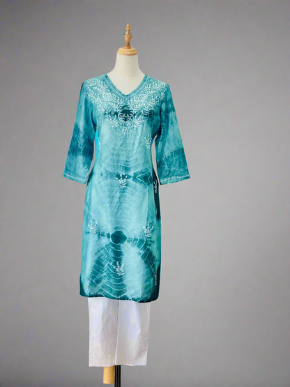 Chikankari Kurta In Tie-Dye Silk Cotton -Teal/Green
