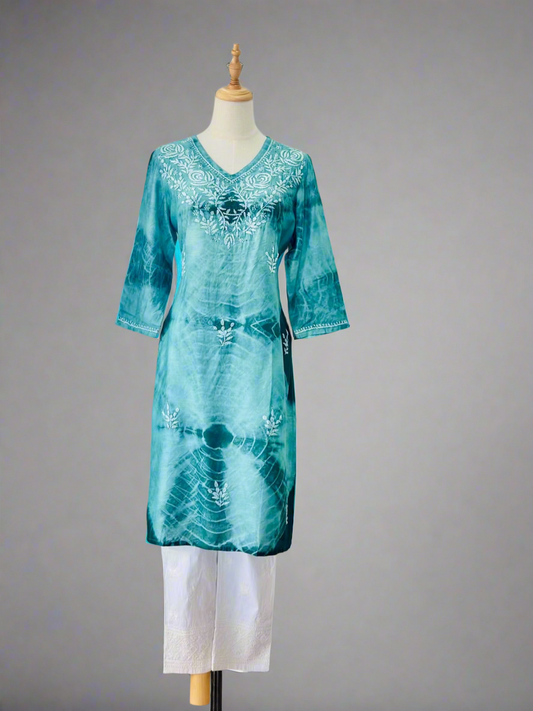 Chikankari Kurta In Tie-Dye Silk Cotton -Teal/Green