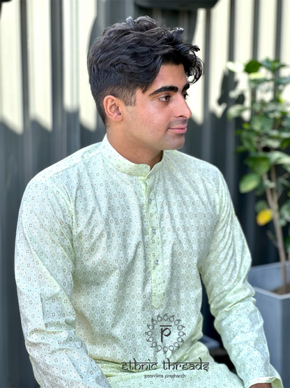 Printed Cotton Mens Long Kurta- Mint Green