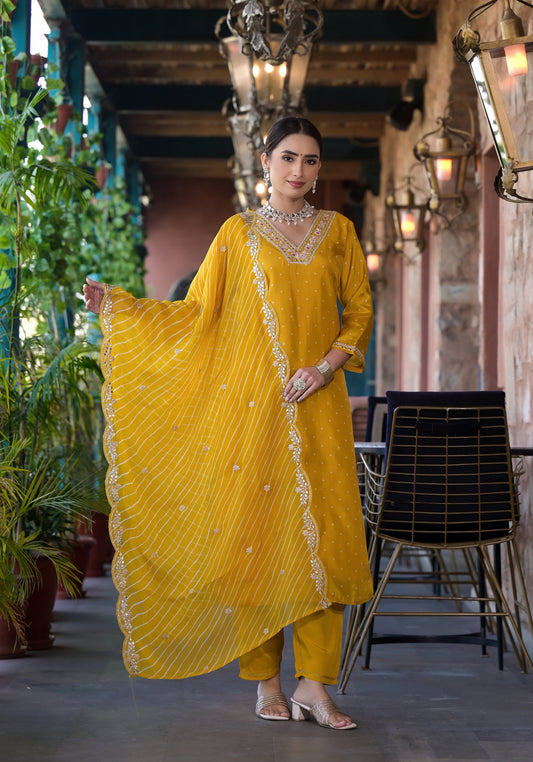 Mustard Silk Salwar Set with Zardosi , V-Neck, and Three-Quarter Sleeves