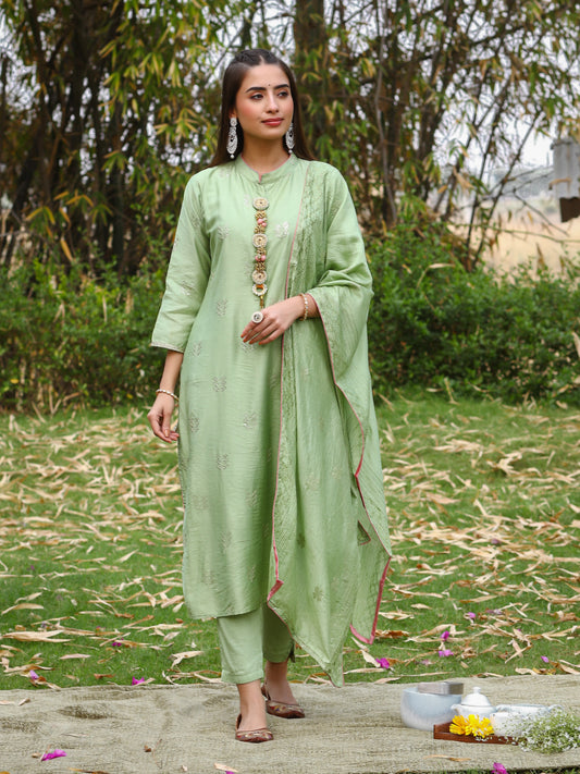 Pastel Green Silk Salwar Set with Heavy Tassel on Neck Line , and Three-Quarter Sleeves