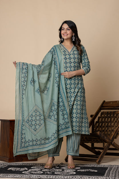 Blue Sage Cotton Printed Suit Set