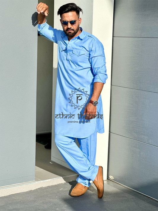 Sky Blue Pattani Suit Mens with Salwar set