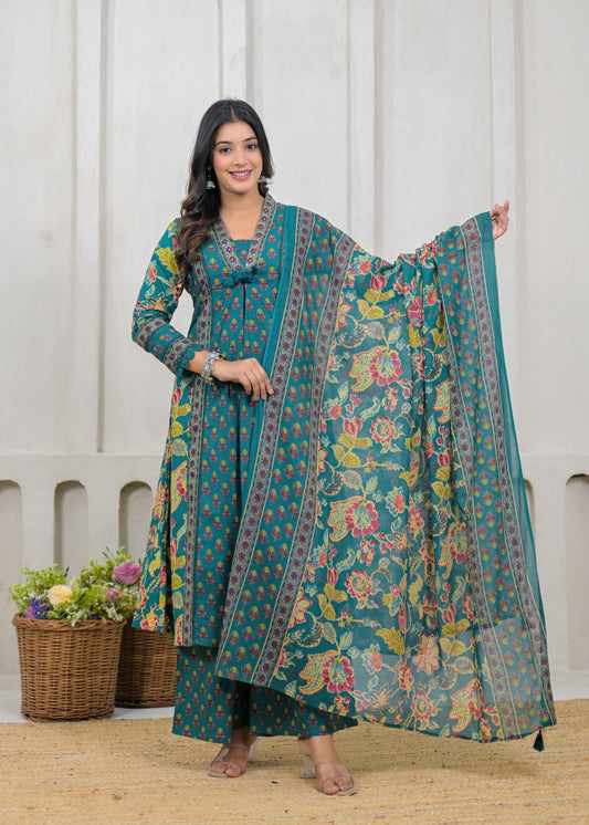 Teal Blue Cotton Flared Kurta with Palazzo Pants