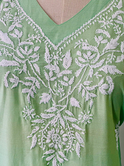 Chikankari Long Kurta In Silk - Pastel Green