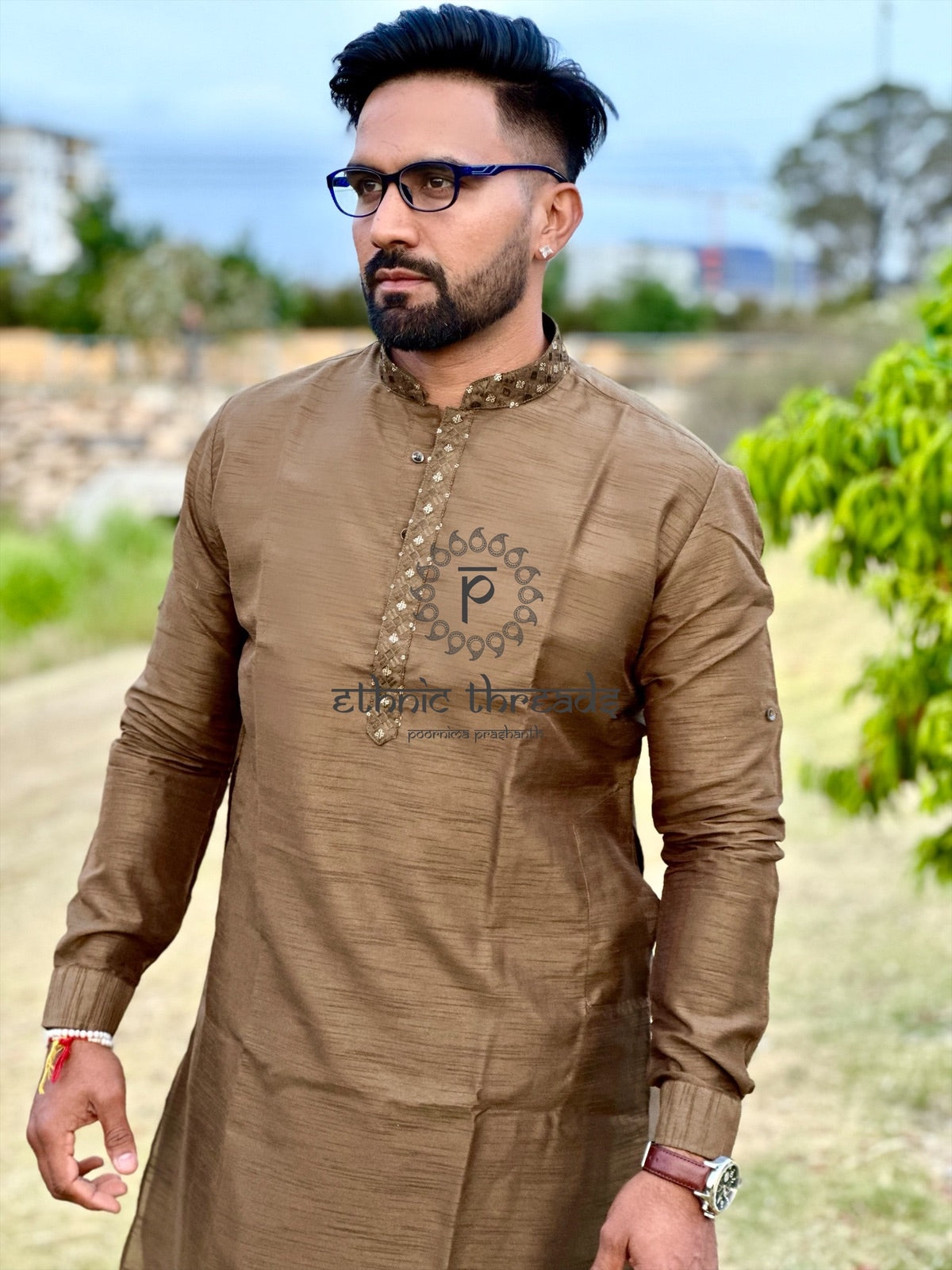 Raw Silk Mens Long Kurta with Embroidery Jacket