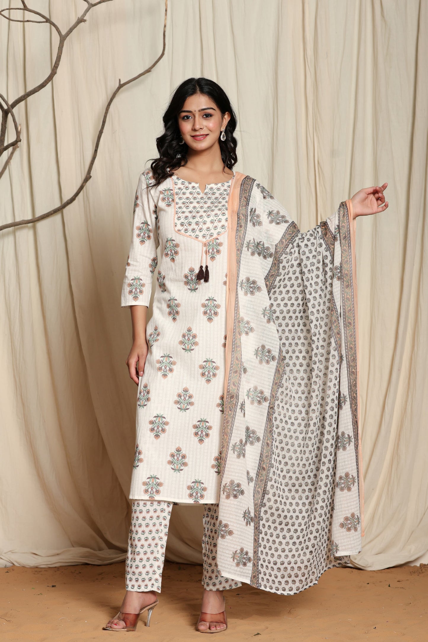 White With Peach Block Print  Cotton Printed Suit Set