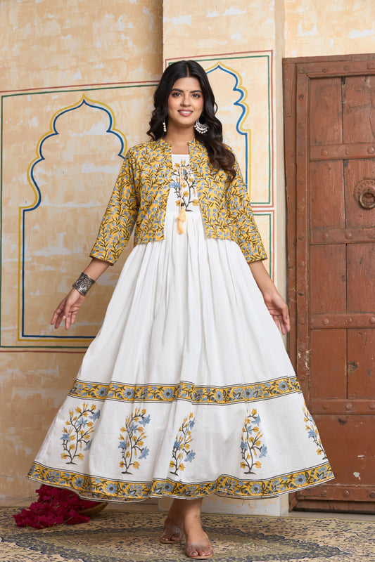 White Printed Cotton Anarkali with Jacket