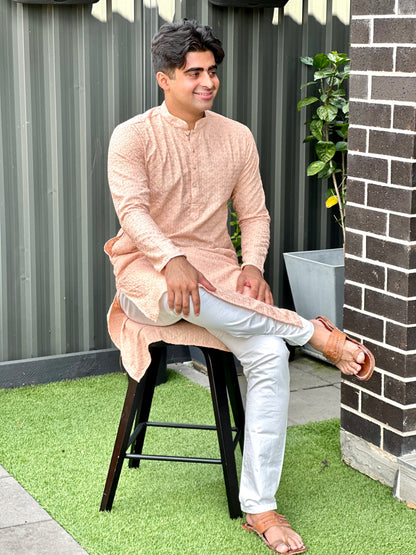 Chikankari for Men Long Kurta-Peach