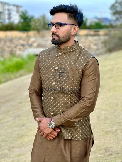 Raw Silk Mens Long Kurta with Embroidery Jacket