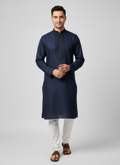 Cotton Mens Long Kurta- Black