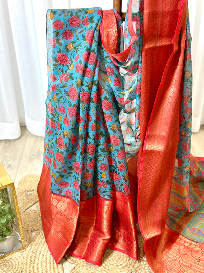 Silk Cotton Saree with Floral Prints & Zari Border