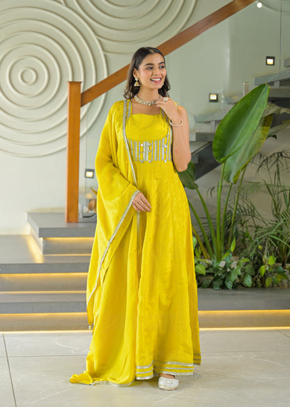 Mustard Yellow Embellished Anarkali Gown Set
