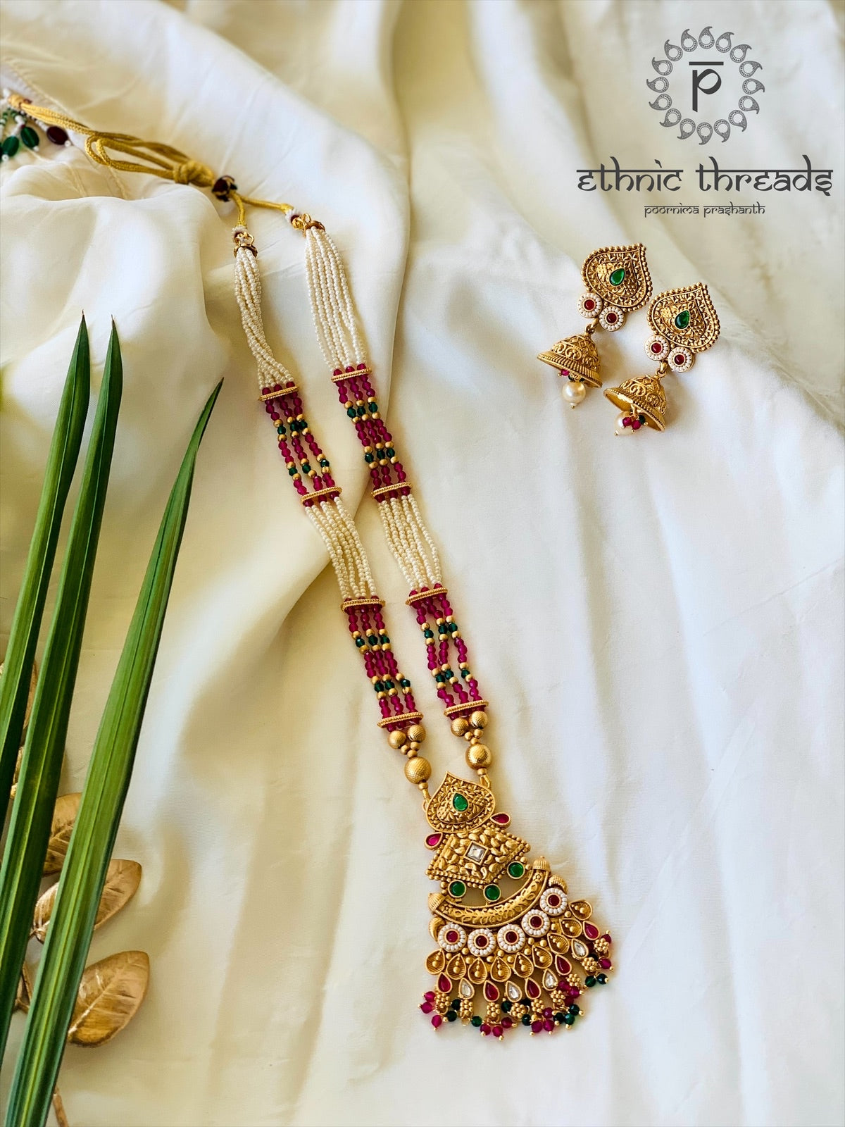 Temple Long Necklace Set- Ruby Stones