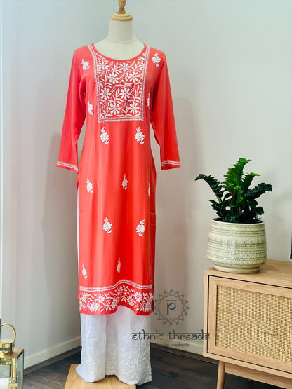 Chikankari Long Kurta In Muslin - Peach