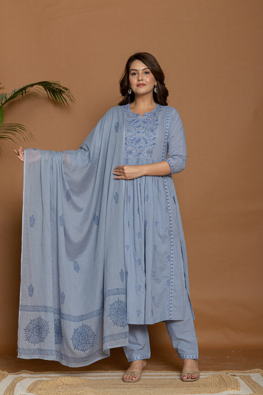 Cotton Anarkali Kurta Set with Dupatta
