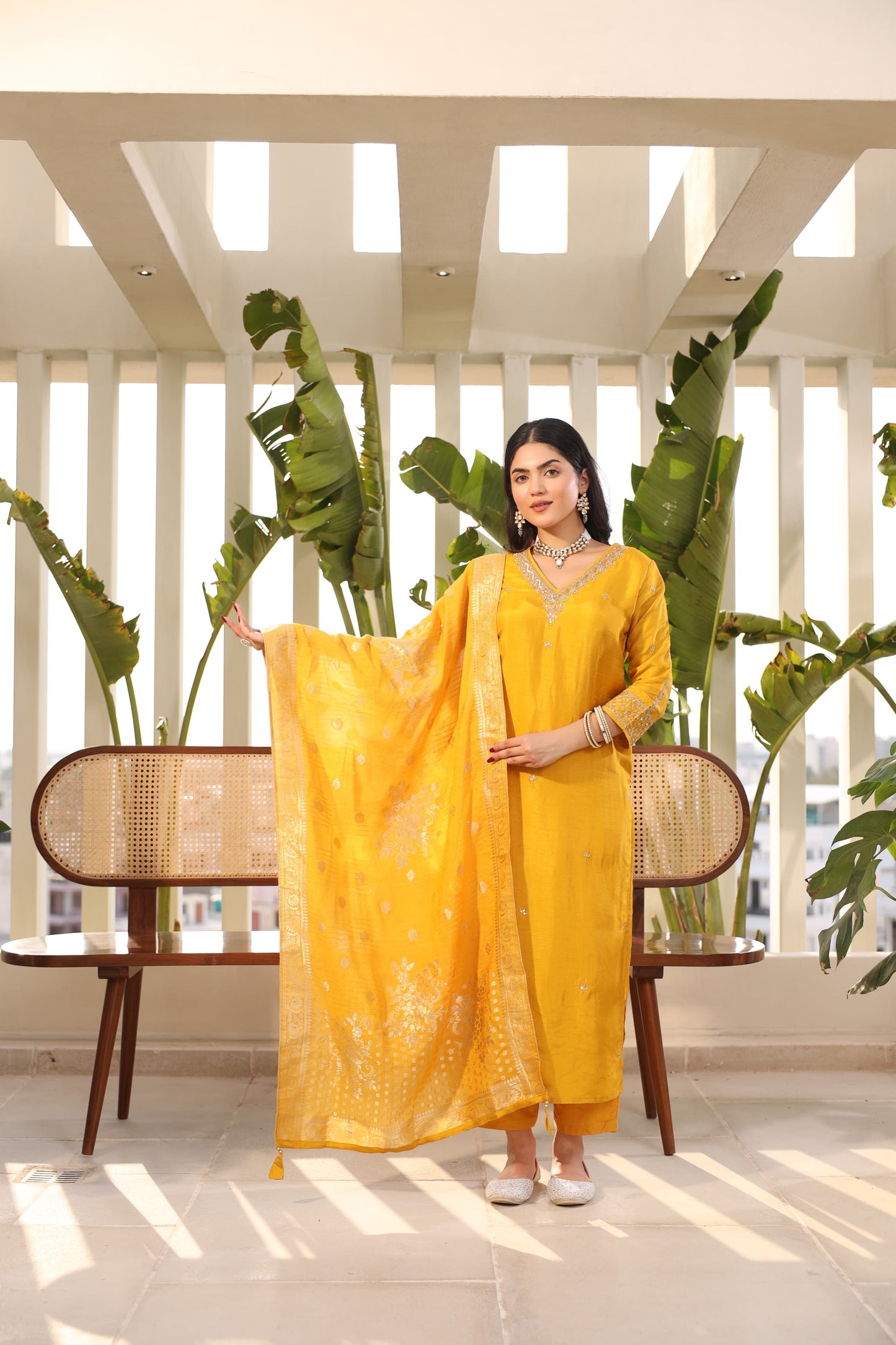 Mustard Silk Salwar Set with Zardosi , V-Neck, and Three-Quarter Sleeves