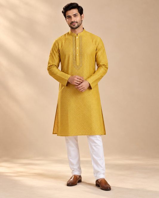 Mustard Gold Semi Banarasi Silk Men’s Kurta & Pyjama Set