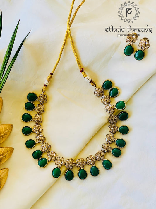 Uncut Polki Necklace Set with Semi-precious Stones- Green