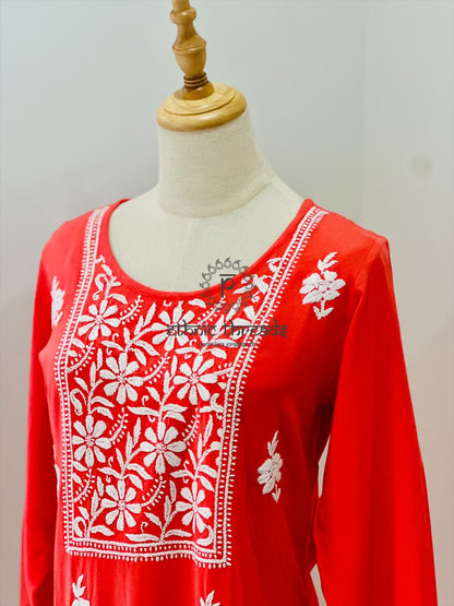 Chikankari Long Kurta In Muslin - Peach
