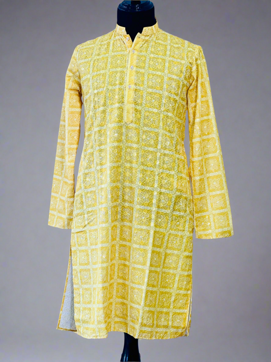 Printed Cotton Mens Long Kurta- Yellow