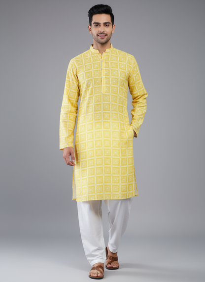 Printed Cotton Mens Long Kurta- Yellow