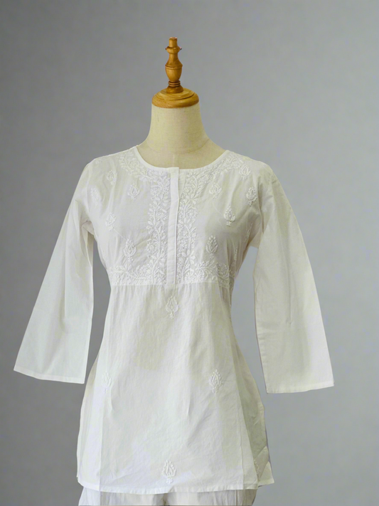 Lucknowi Chikankari  Cotton Women's Flared Short Kurta - White