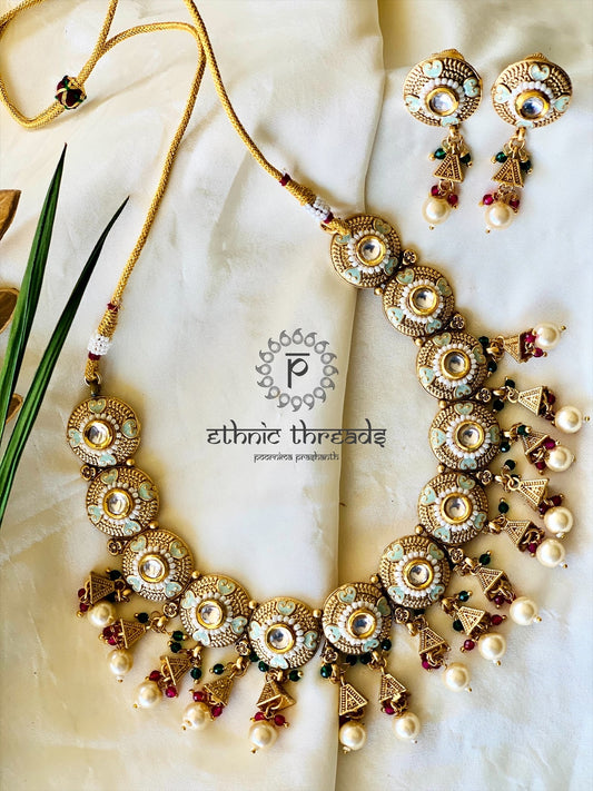 Antique Matt Gold Meenakari Necklace Set