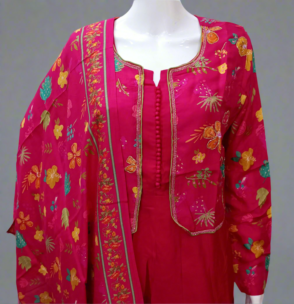 Pink Anarkali Salwar Set with Zardosi , V-Neck, and Three-Quarter Sleeves