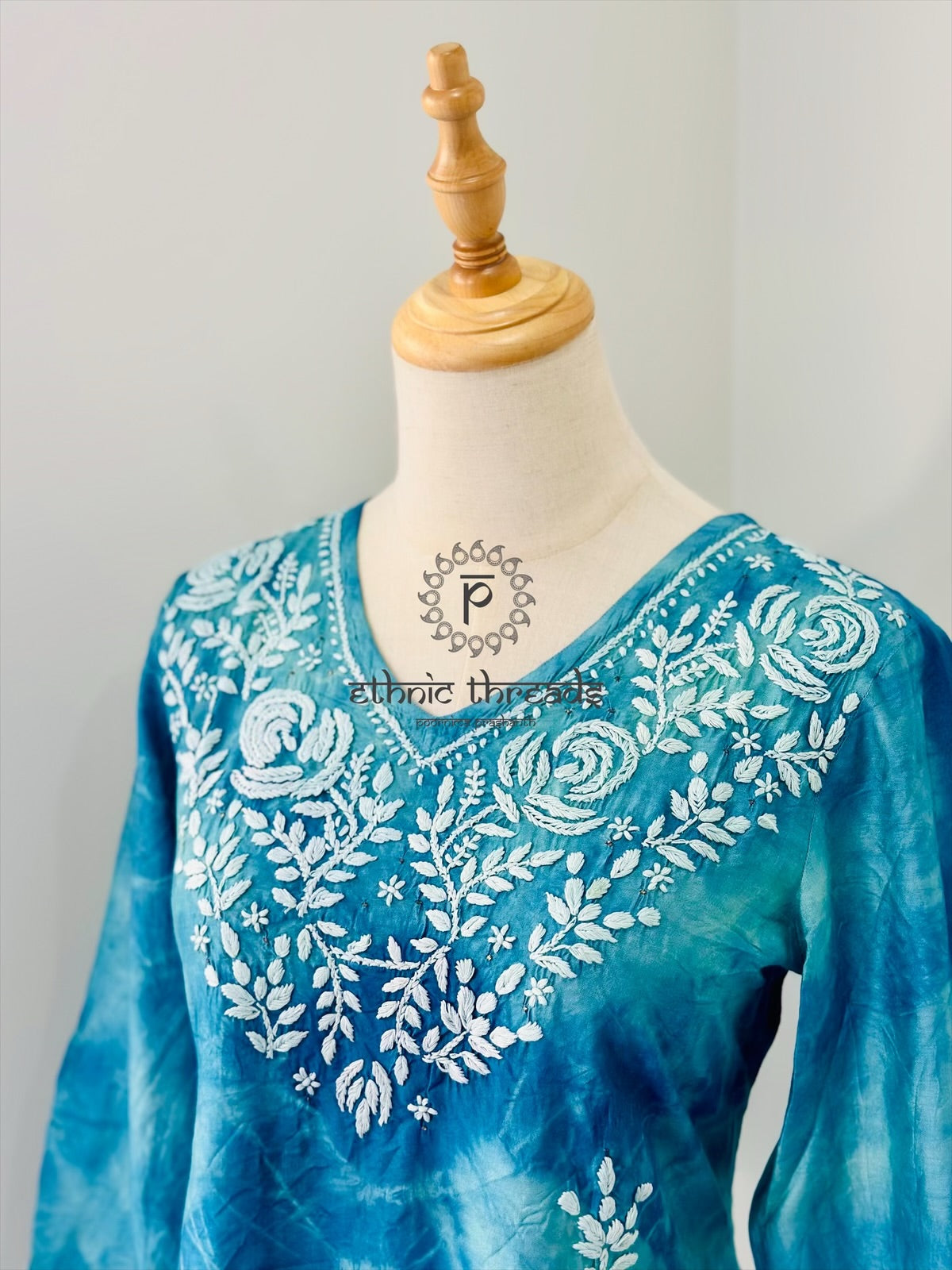 Chikankari Kurta In Tie-Dye Silk Cotton -Teal/Blue